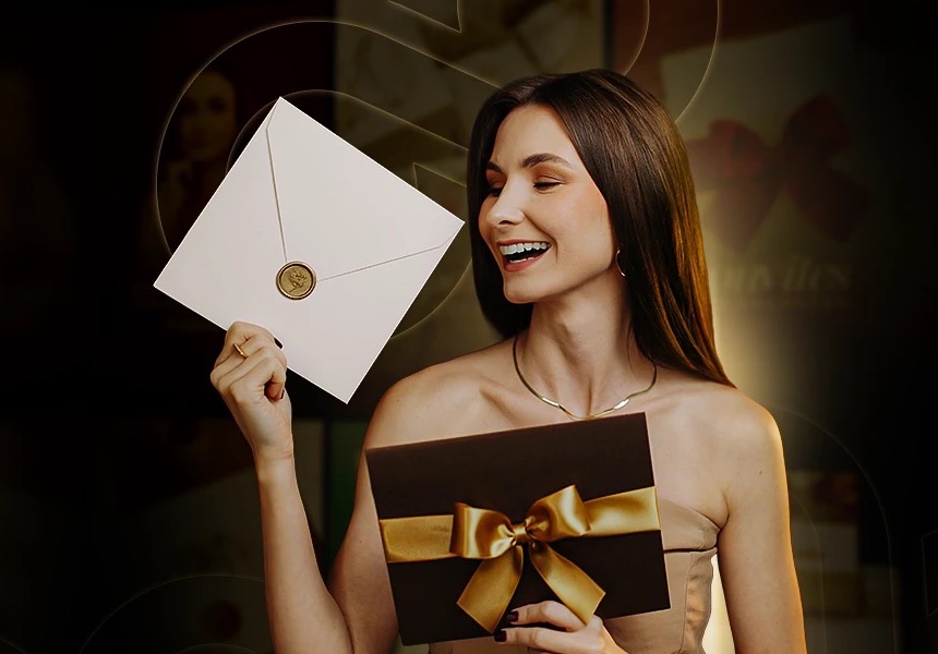 Bárbara Engelmann segurando um convite e um presente