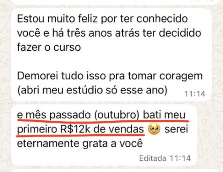 Mensagem de aluna sobre resultados (print 1)