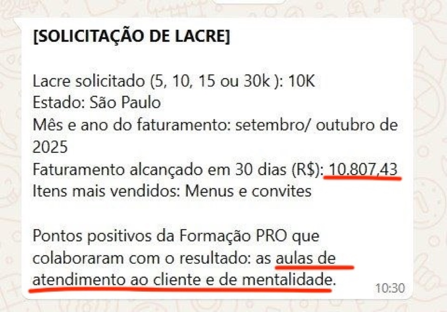 Mensagem de aluna sobre resultados (print 2)