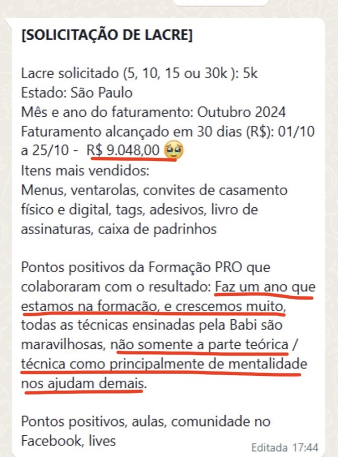 Mensagem de aluna sobre resultados (print 3)