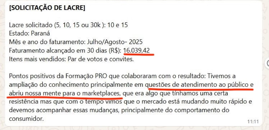 Mensagem de aluna sobre resultados (print 4)