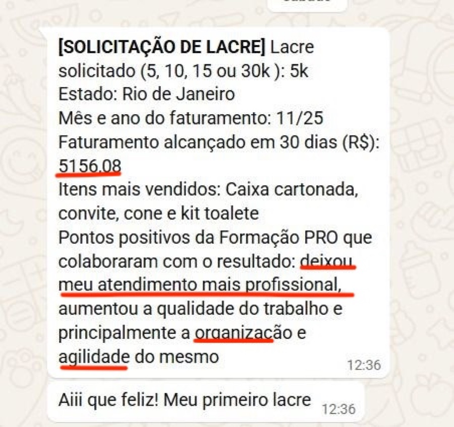 Mensagem de aluna sobre resultados (print 5)