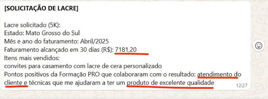 Mensagem de aluna sobre resultados (print 7)