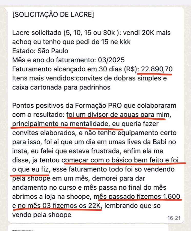 Mensagem de aluna sobre resultados (print 9)