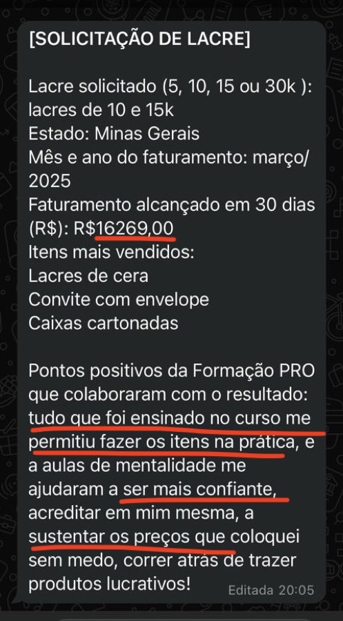 Mensagem de aluna sobre resultados (print 10)