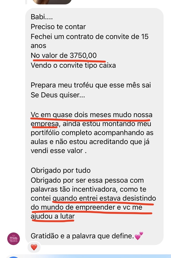 Mensagem de aluna sobre resultados (print 11)