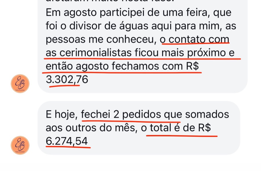 Mensagem de aluna sobre resultados (print 18)