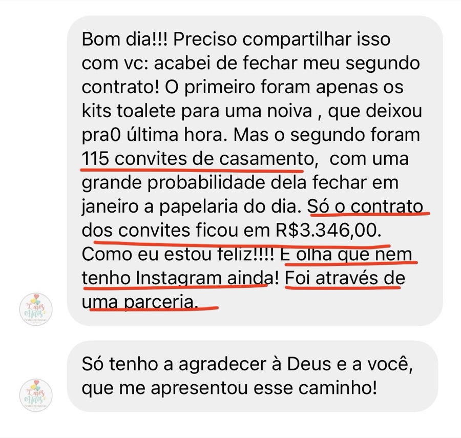 Mensagem de aluna sobre resultados (print 19)